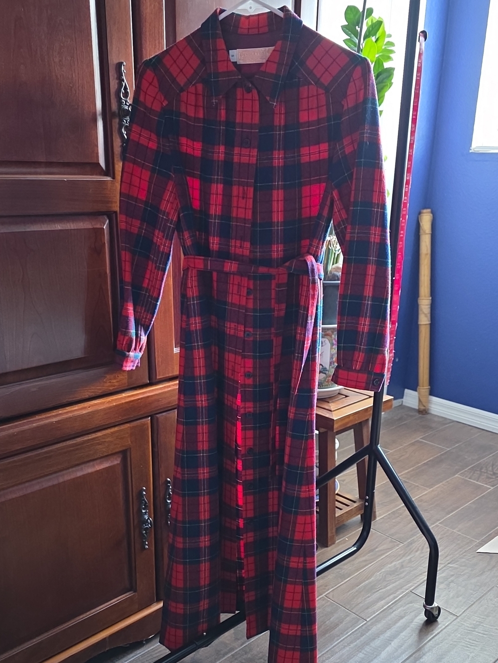 Vintage Pendleton Red and Blue Plaid Long Robe with Tie Waist